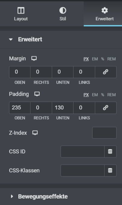 Erweitert Layout Elementor