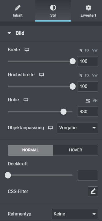 Layout angaben Elementor