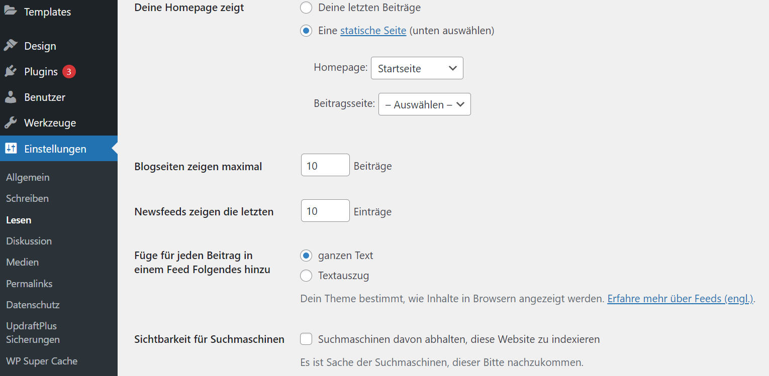 WordPress Einstellung Lesen