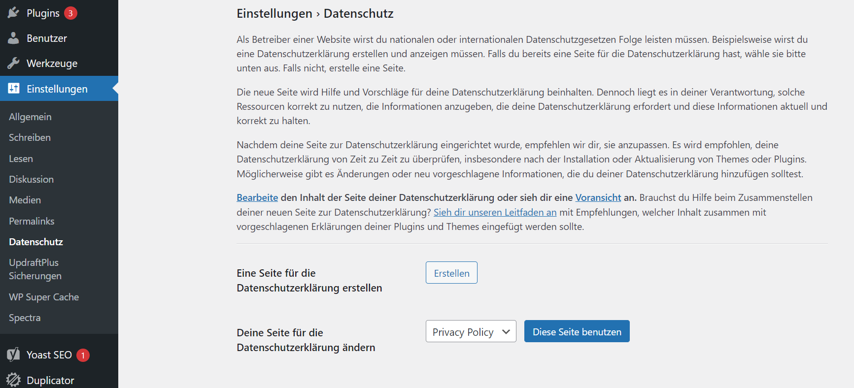 WordPress Einstellungen Datenschutz