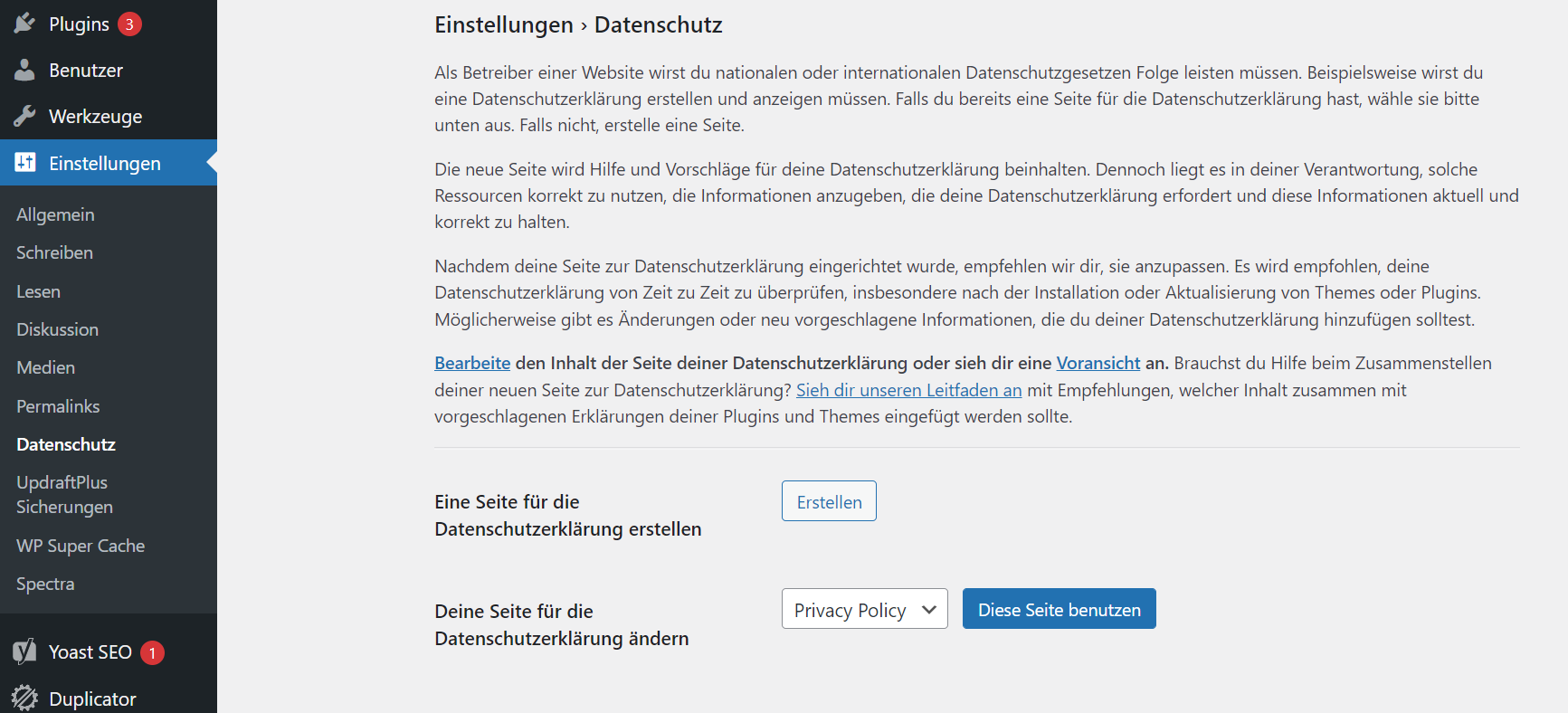 WordPress Einstellungen Datenschutz 