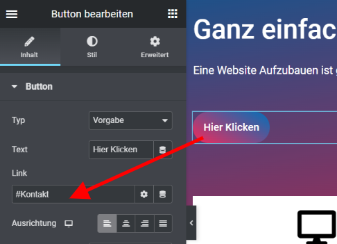 Button mit dem Menü Anker verknüpfen Elementor